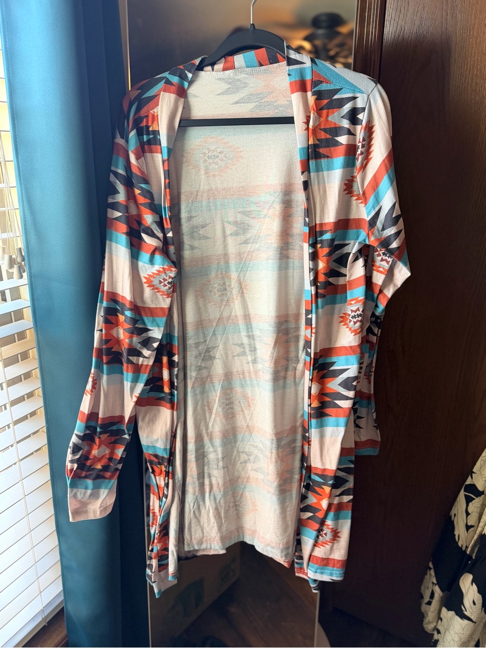 Open-Front Aztec Tunic Cardigan in Turquoise & Coral